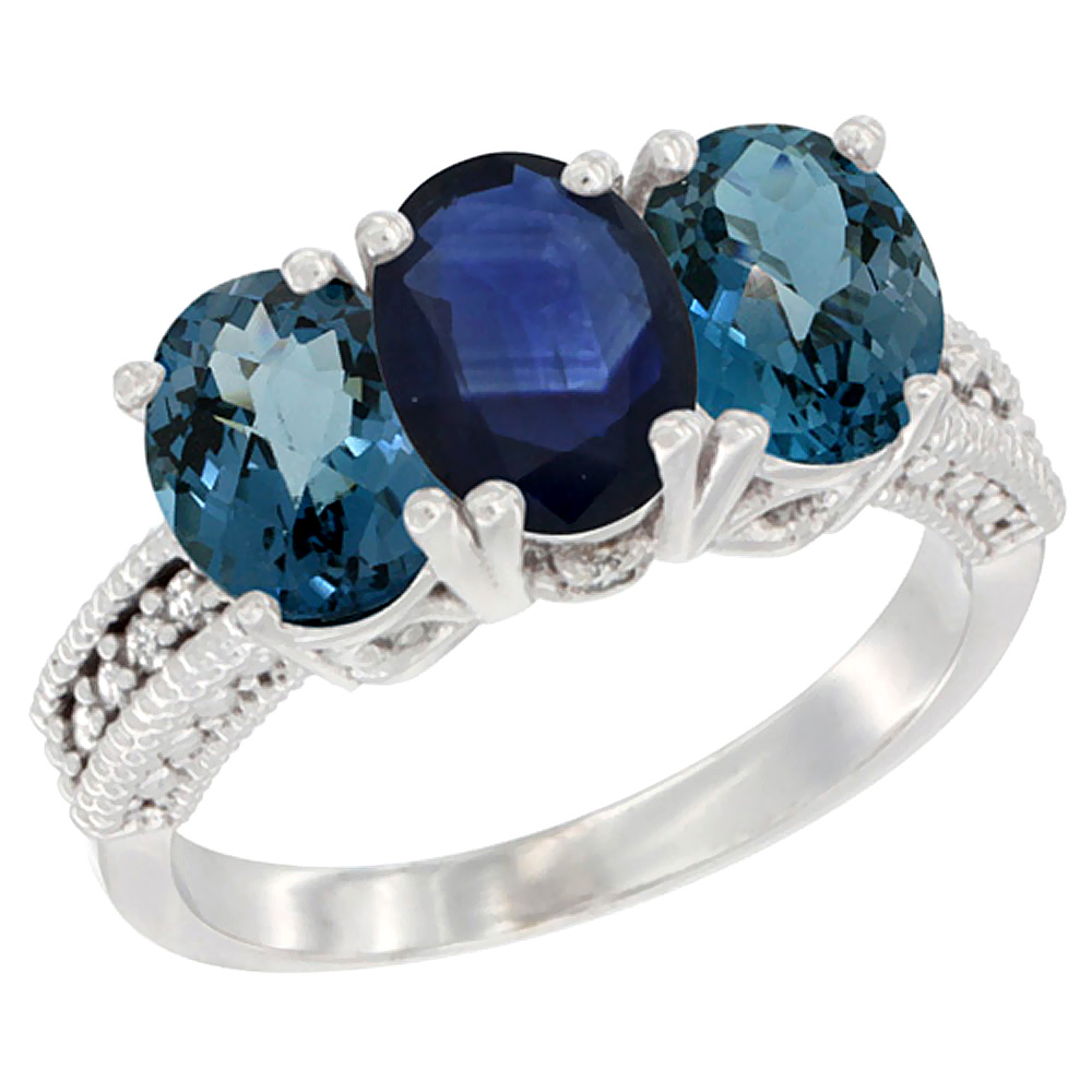 14K White Gold Natural Blue Sapphire &amp; London Blue Topaz Sides Ring 3-Stone 7x5 mm Oval Diamond Accent, sizes 5 - 10