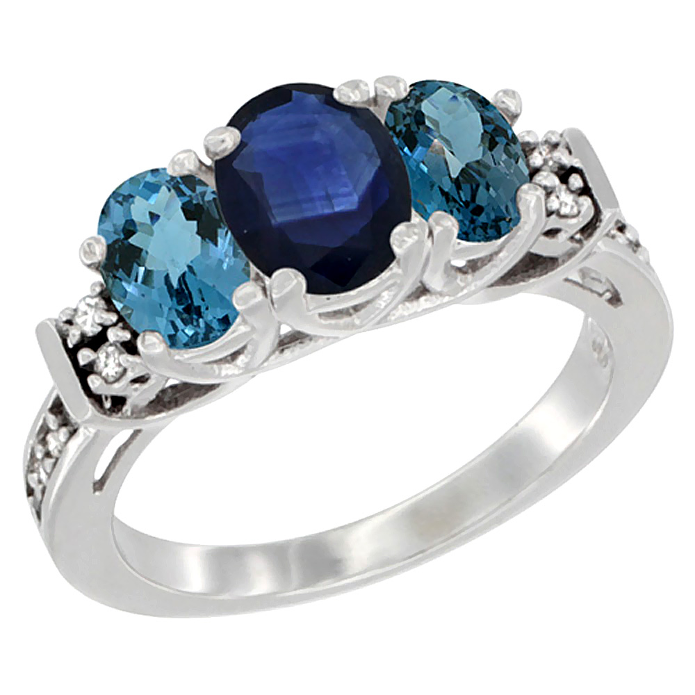 14K White Gold Natural Blue Sapphire & London Blue Ring 3-Stone Oval Diamond Accent, sizes 5-10