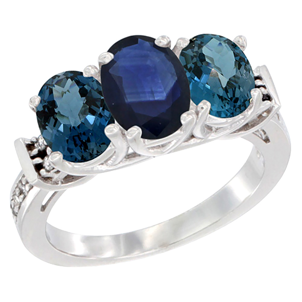 10K White Gold Natural Blue Sapphire & London Blue Topaz Sides Ring 3-Stone Oval Diamond Accent, sizes 5 - 10