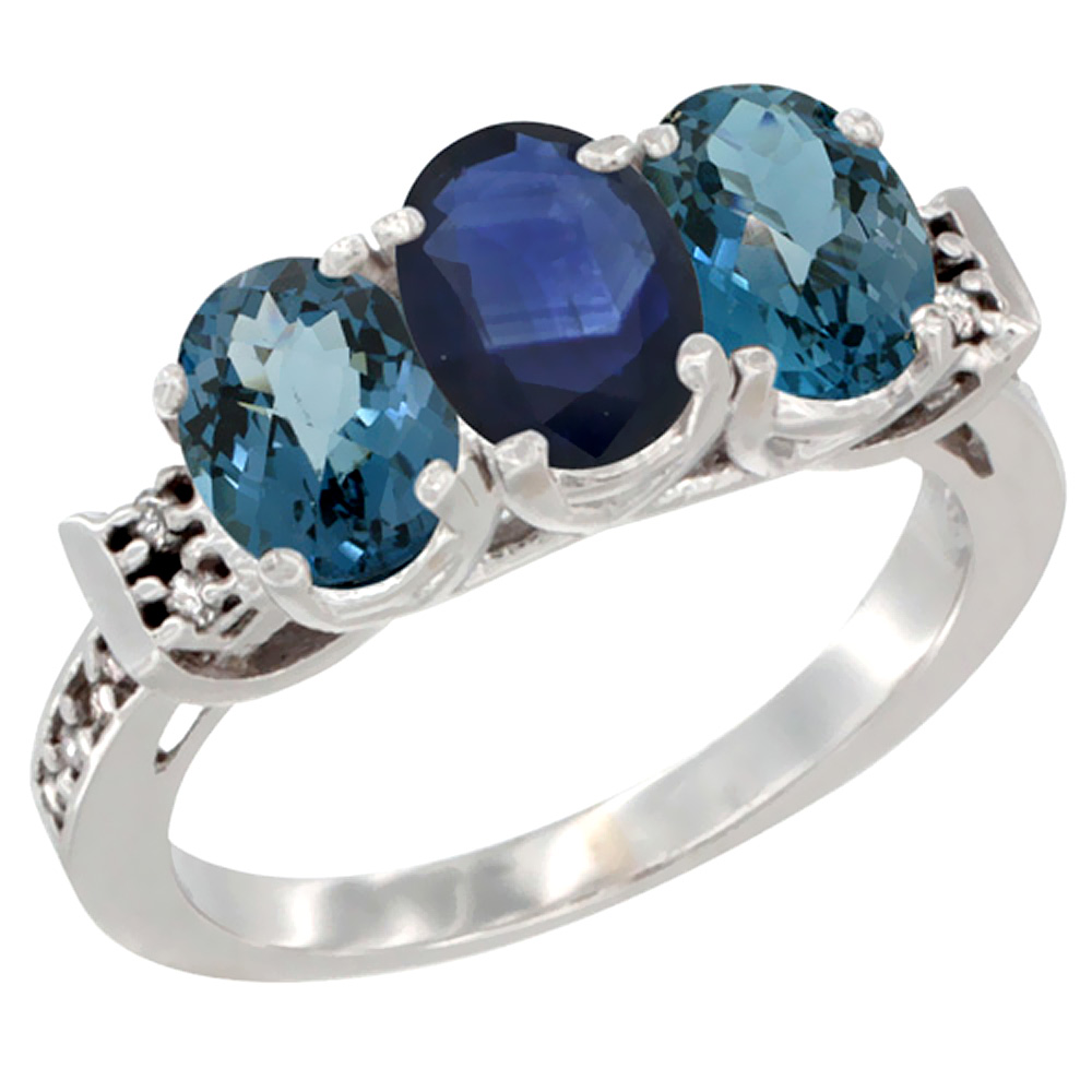 10K White Gold Natural Blue Sapphire & London Blue Topaz Sides Ring 3-Stone Oval 7x5 mm Diamond Accent, sizes 5 - 10