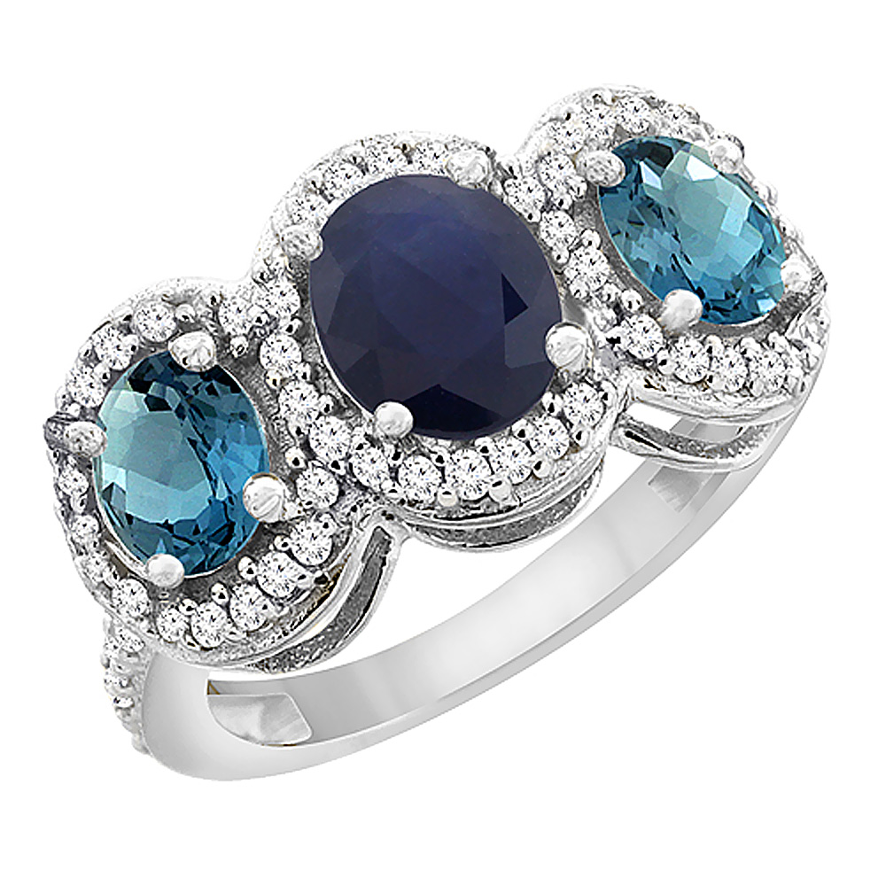 10K White Gold Natural Blue Sapphire &amp; London Blue Topaz 3-Stone Ring Oval Diamond Accent, sizes 5 - 10