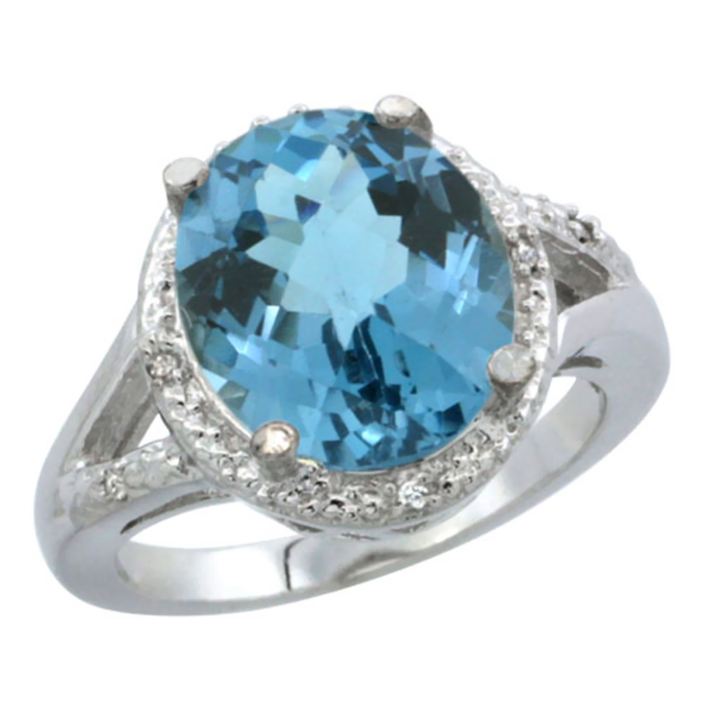 14K White Gold Natural London Blue Topaz Ring Oval 12x10mm Diamond Accent, sizes 5-10
