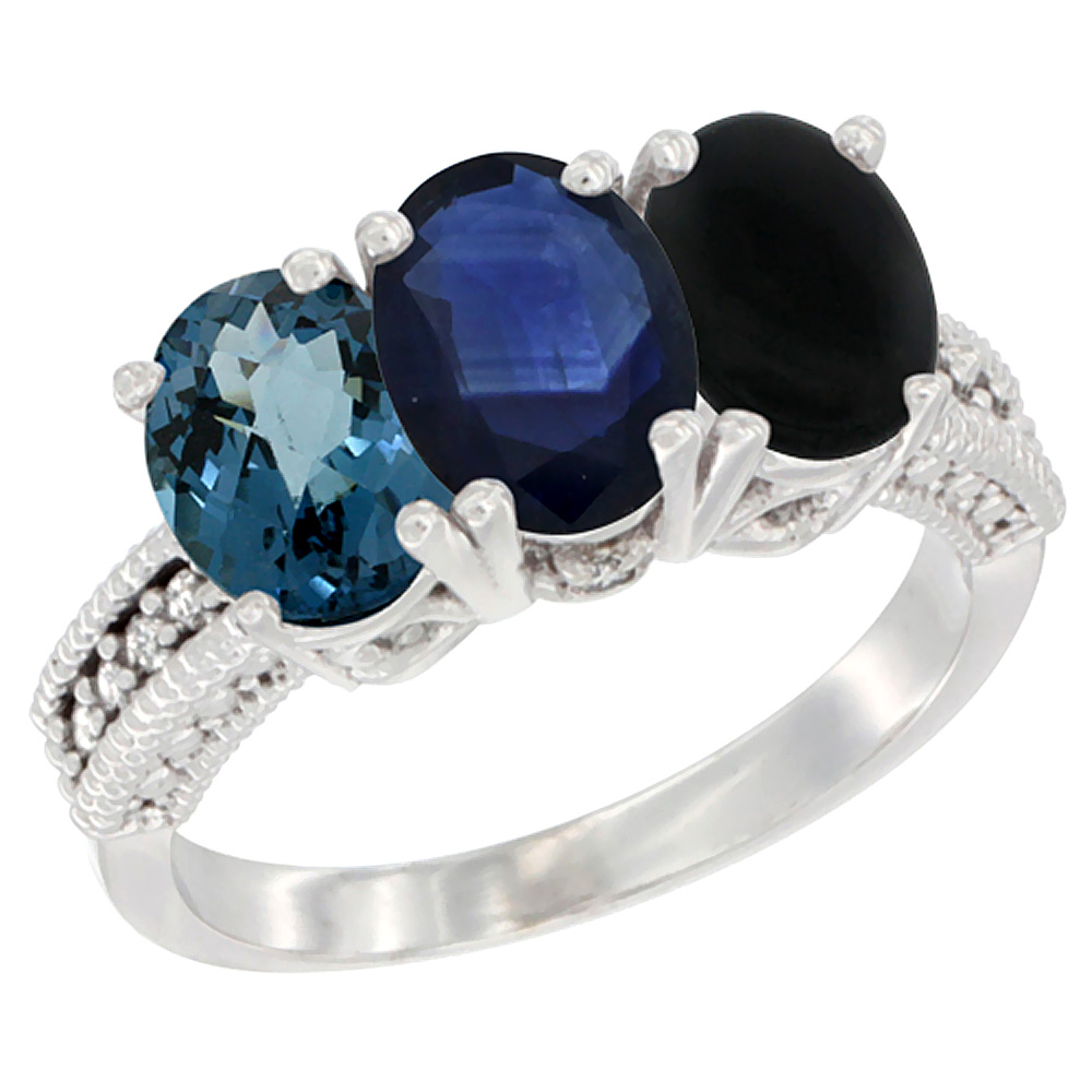 10K White Gold Natural London Blue Topaz, Blue Sapphire & Black Onyx Ring 3-Stone Oval 7x5 mm Diamond Accent, sizes 5 - 10
