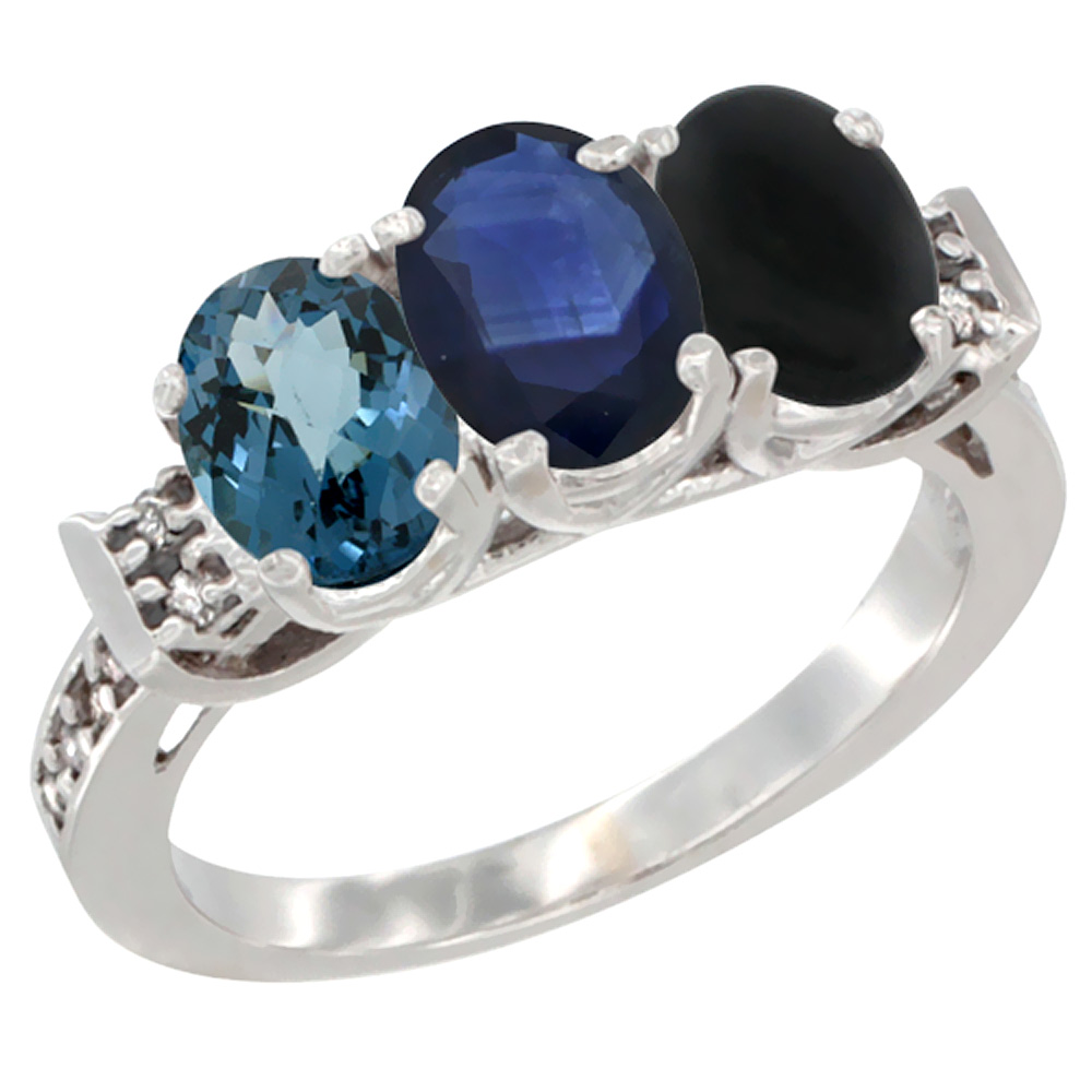 10K White Gold Natural London Blue Topaz, Blue Sapphire &amp; Black Onyx Ring 3-Stone Oval 7x5 mm Diamond Accent, sizes 5 - 10