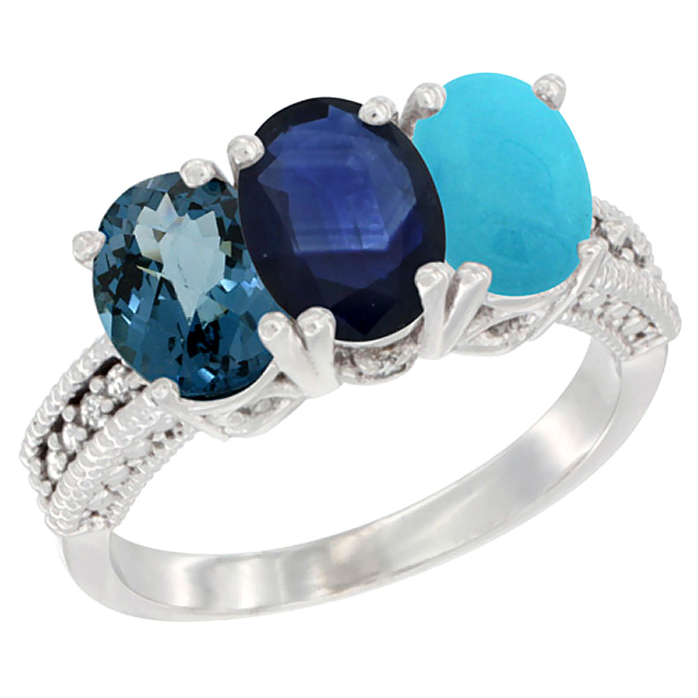 14K White Gold Natural London Blue Topaz, Blue Sapphire & Turquoise Ring 3-Stone 7x5 mm Oval Diamond Accent, sizes 5 - 10