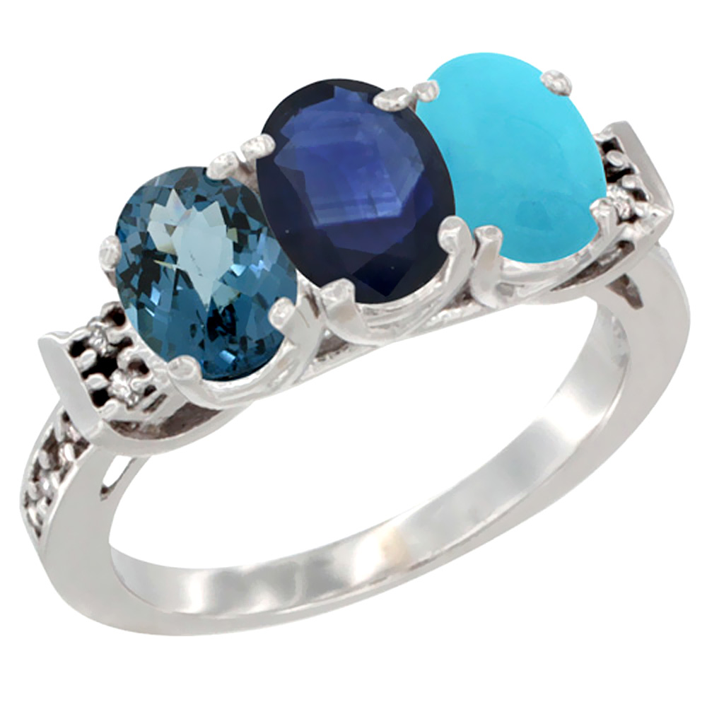 10K White Gold Natural London Blue Topaz, Blue Sapphire &amp; Turquoise Ring 3-Stone Oval 7x5 mm Diamond Accent, sizes 5 - 10