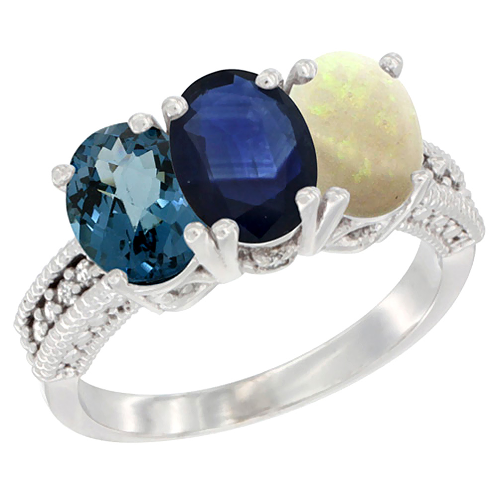 14K White Gold Natural London Blue Topaz, Blue Sapphire &amp; Opal Ring 3-Stone 7x5 mm Oval Diamond Accent, sizes 5 - 10