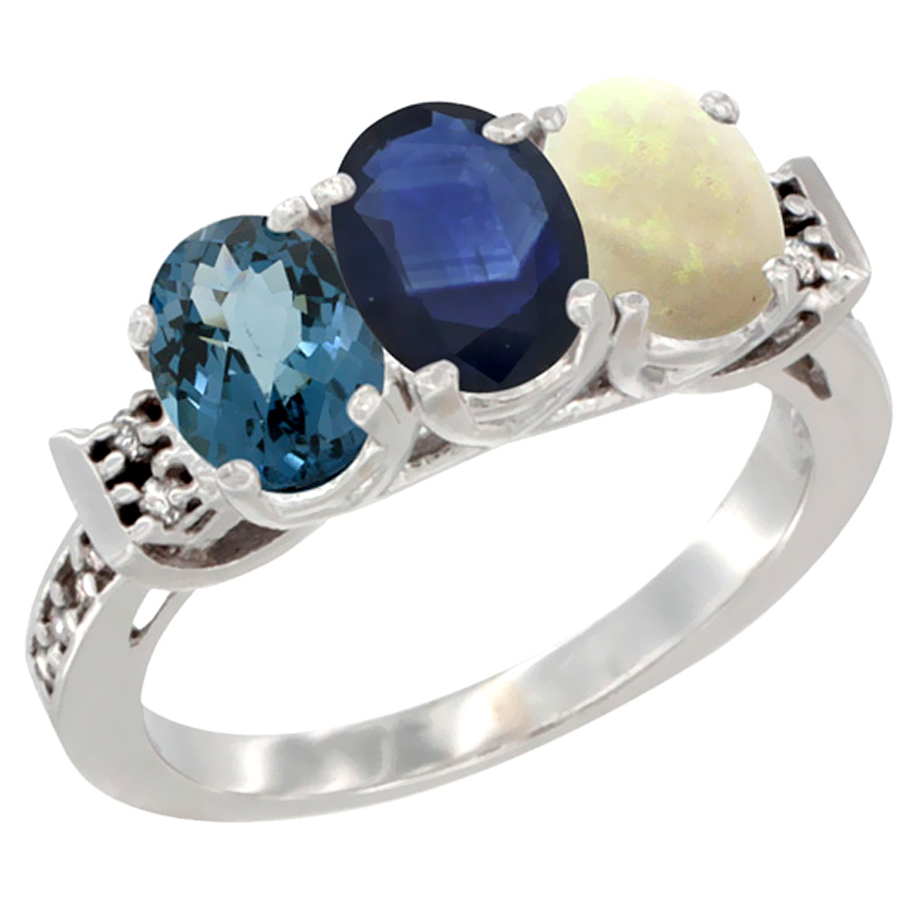 14K White Gold Natural London Blue Topaz, Blue Sapphire &amp; Opal Ring 3-Stone 7x5 mm Oval Diamond Accent, sizes 5 - 10