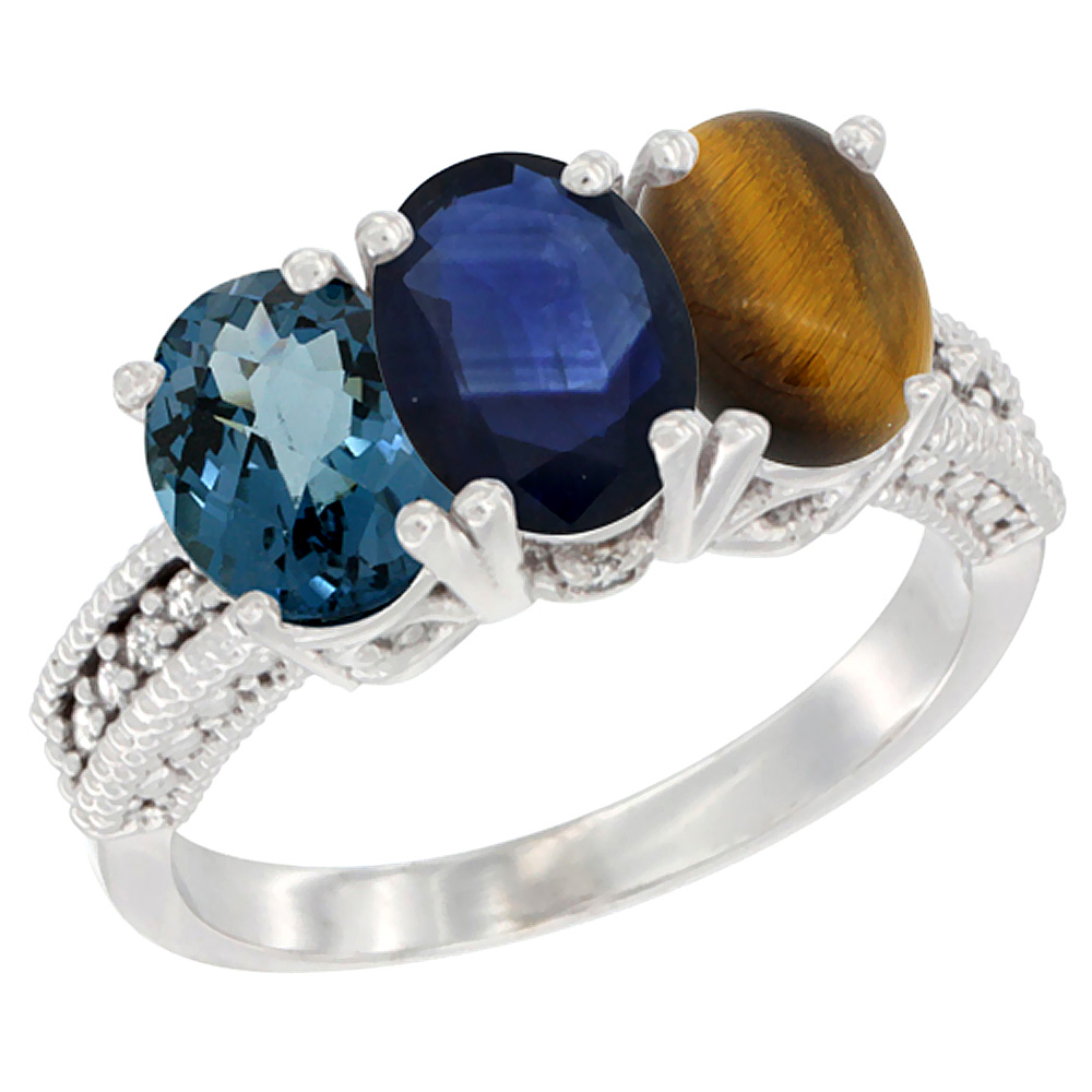 10K White Gold Natural London Blue Topaz, Blue Sapphire & Tiger Eye Ring 3-Stone Oval 7x5 mm Diamond Accent, sizes 5 - 10