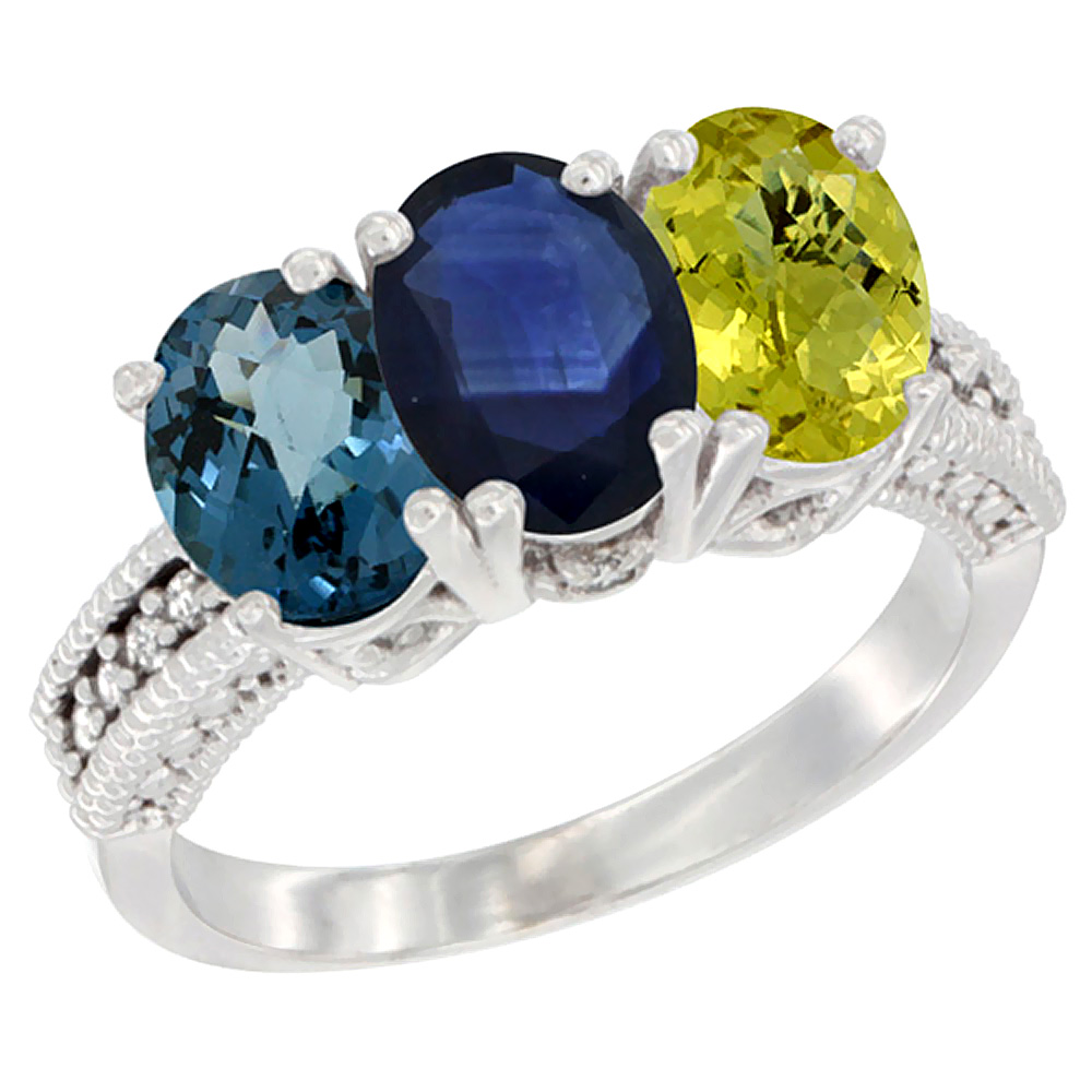 14K White Gold Natural London Blue Topaz, Blue Sapphire & Lemon Quartz Ring 3-Stone 7x5 mm Oval Diamond Accent, sizes 5 - 10