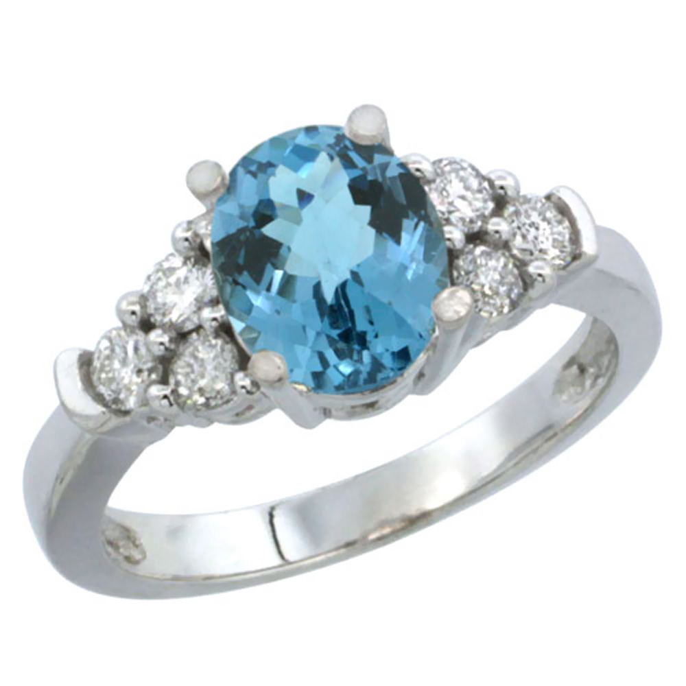 14K White Gold Natural London Blue Topaz Ring Oval 9x7mm Diamond Accent, sizes 5-10