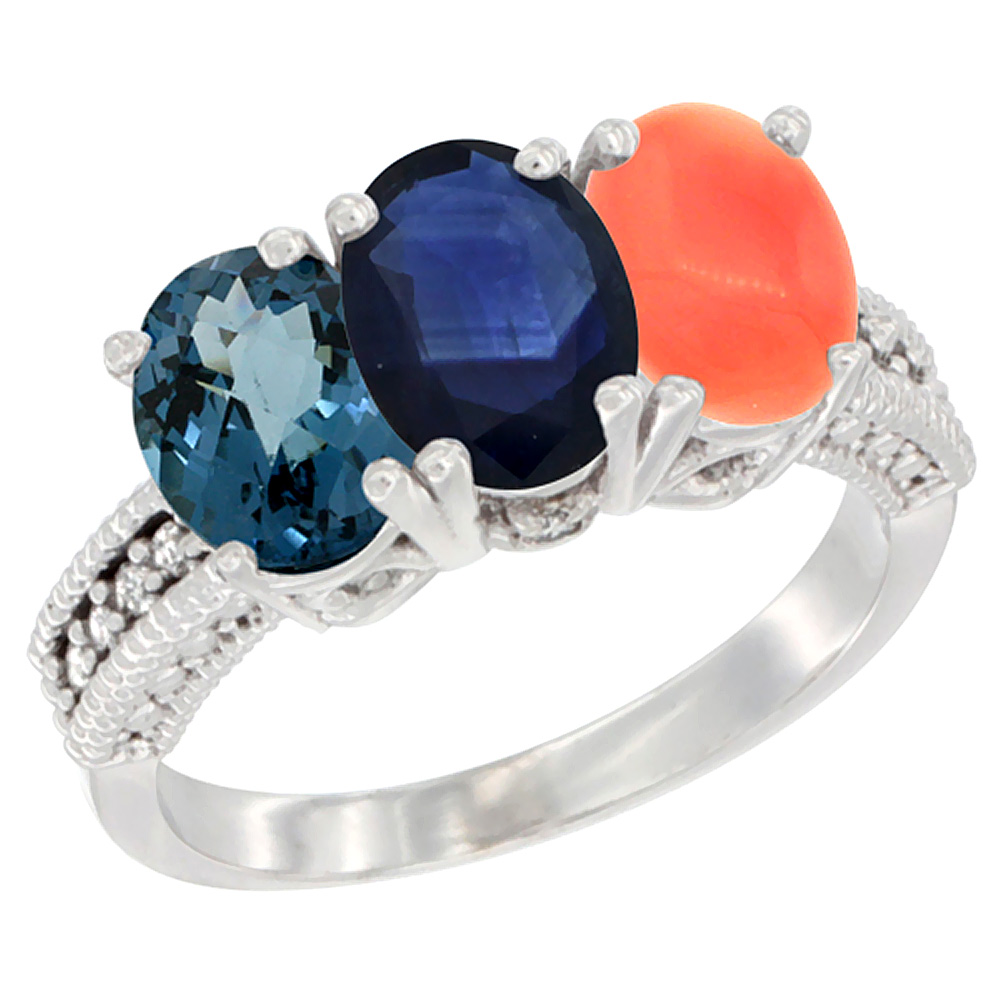 14K White Gold Natural London Blue Topaz, Blue Sapphire &amp; Coral Ring 3-Stone 7x5 mm Oval Diamond Accent, sizes 5 - 10