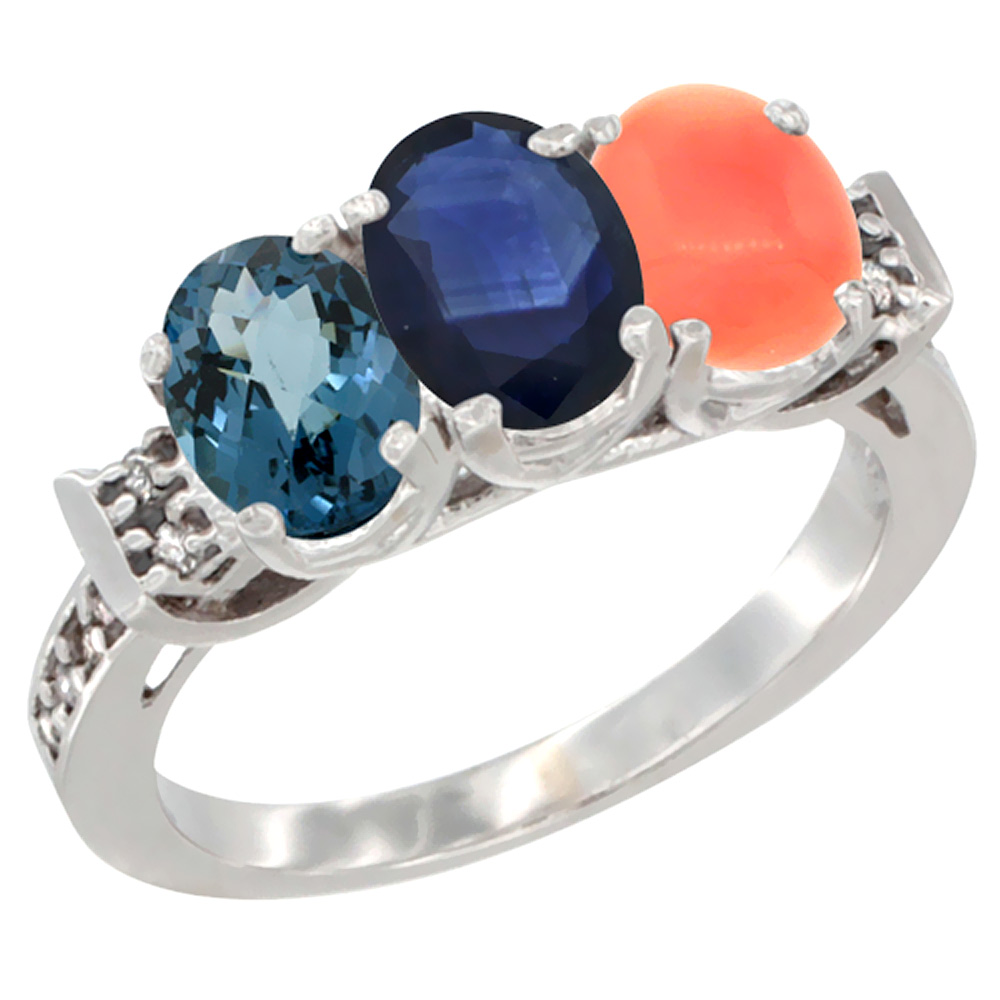 14K White Gold Natural London Blue Topaz, Blue Sapphire & Coral Ring 3-Stone 7x5 mm Oval Diamond Accent, sizes 5 - 10