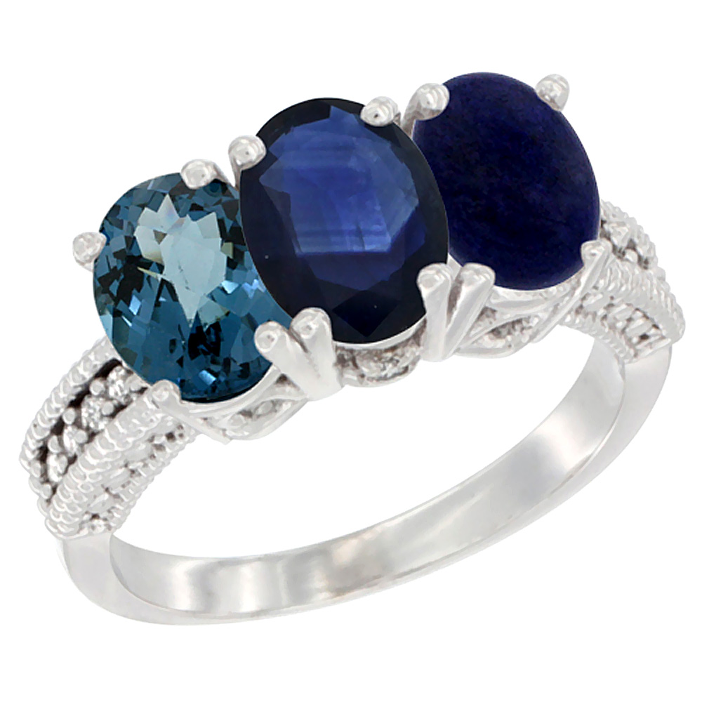 10K White Gold Natural London Blue Topaz, Blue Sapphire & Lapis Ring 3-Stone Oval 7x5 mm Diamond Accent, sizes 5 - 10