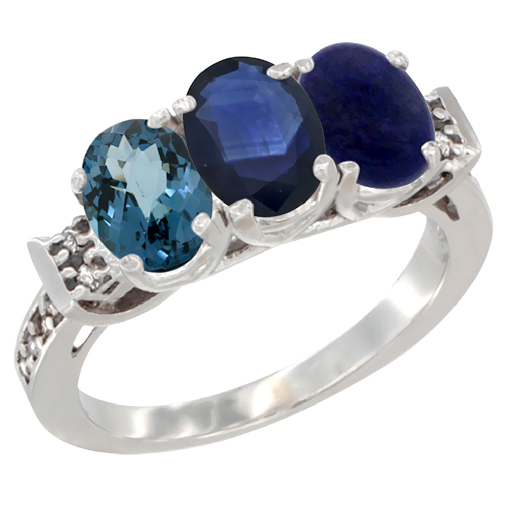14K White Gold Natural London Blue Topaz, Blue Sapphire & Lapis Ring 3-Stone 7x5 mm Oval Diamond Accent, sizes 5 - 10