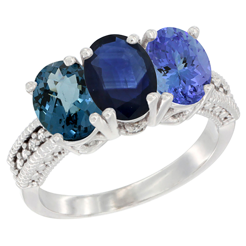 14K White Gold Natural London Blue Topaz, Blue Sapphire &amp; Tanzanite Ring 3-Stone 7x5 mm Oval Diamond Accent, sizes 5 - 10