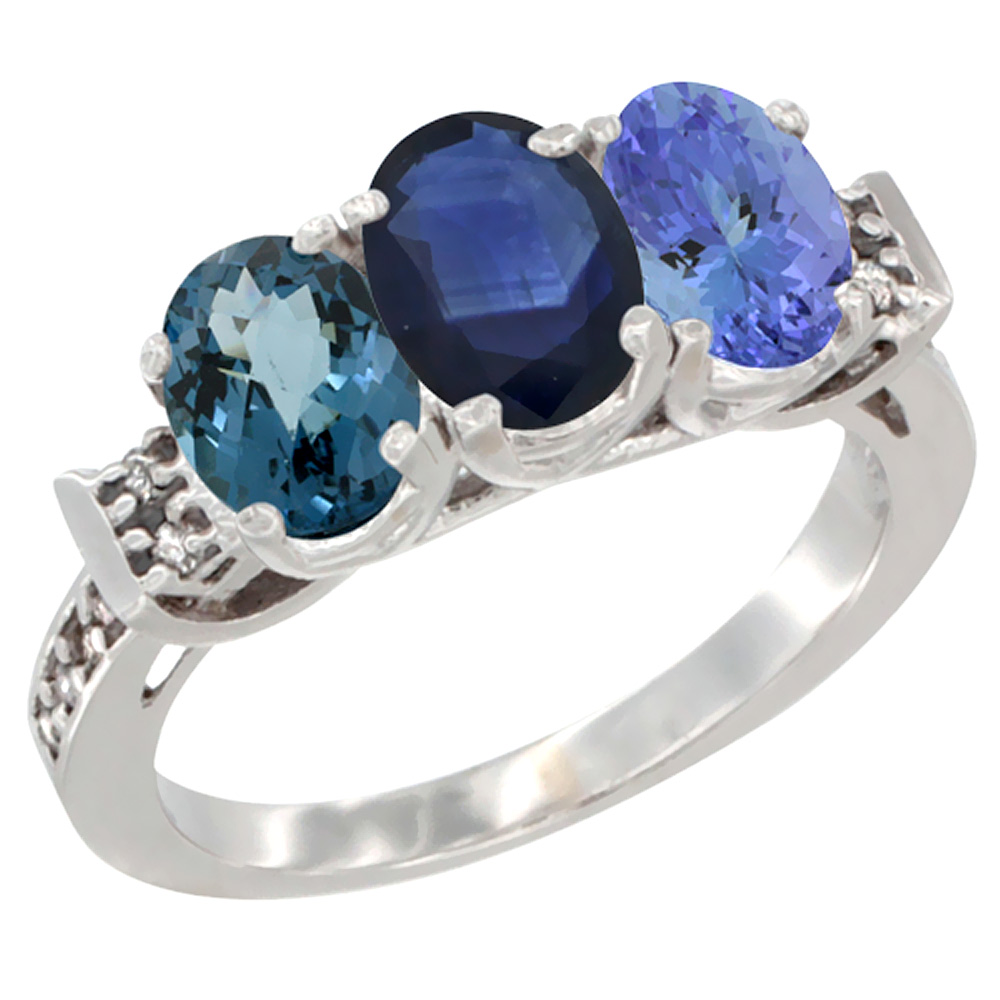 14K White Gold Natural London Blue Topaz, Blue Sapphire & Tanzanite Ring 3-Stone 7x5 mm Oval Diamond Accent, sizes 5 - 10