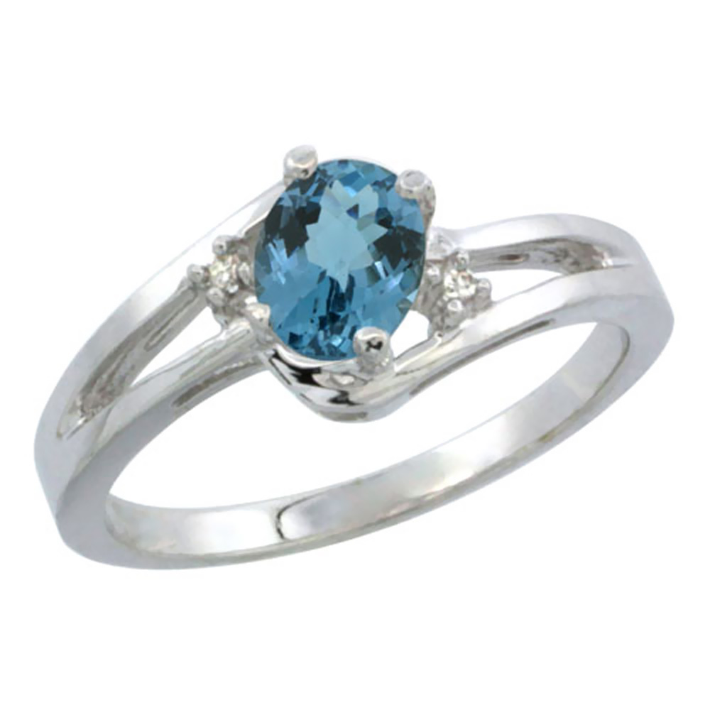 14K White Gold Diamond Natural London Blue Topaz Ring Oval 6x4 mm, sizes 5-10