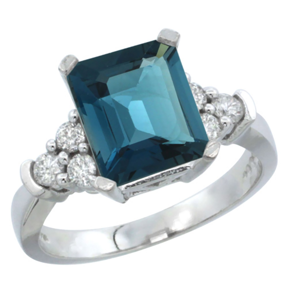 10K White Gold Natural London Blue Topaz Ring Octagon 9x7mm Diamond Accent, sizes 5-10