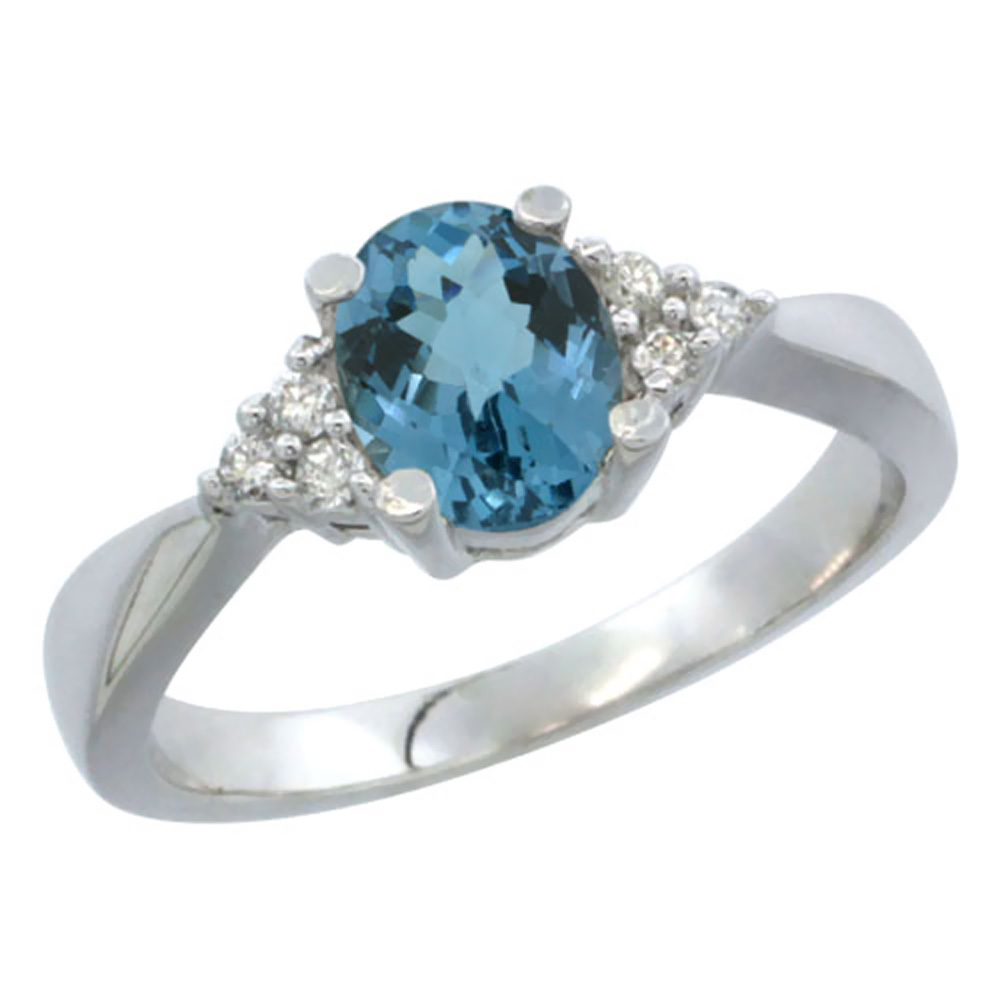 14K White Gold Diamond Natural London Blue Topaz Engagement Ring Oval 7x5mm, sizes 5-10