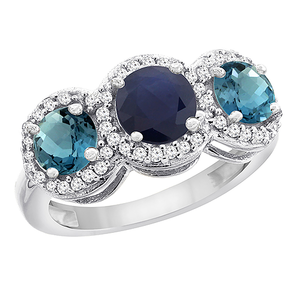 14K White Gold Natural High Quality Blue Sapphire & London Blue Topaz Sides Round 3-stone Ring Diamond Accents, sizes 5 - 10