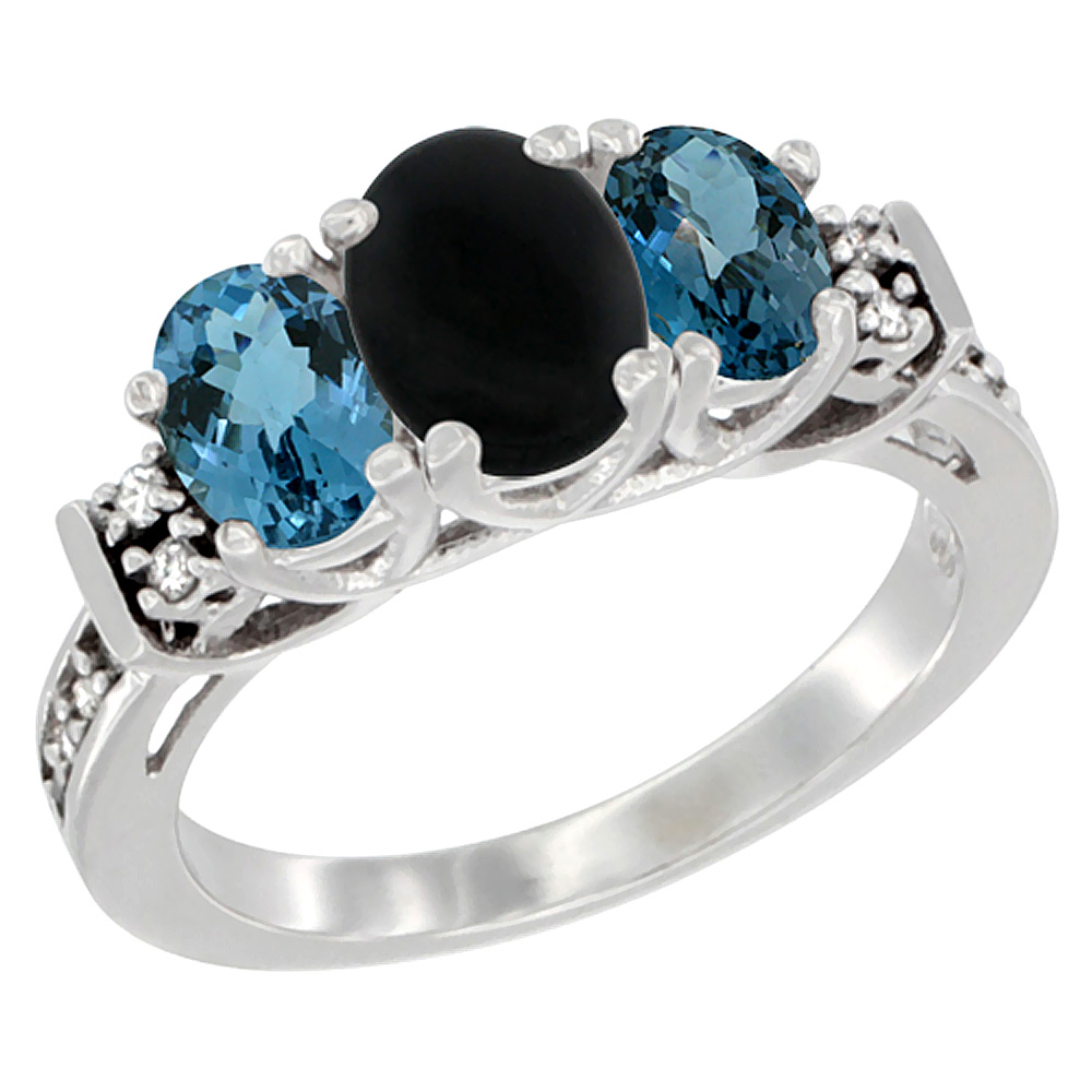 10K White Gold Natural Black Onyx & London Blue Ring 3-Stone Oval Diamond Accent, sizes 5-10