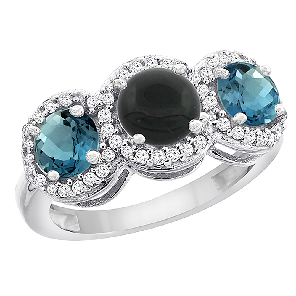 14K White Gold Natural Black Onyx & London Blue Topaz Sides Round 3-stone Ring Diamond Accents, sizes 5 - 10