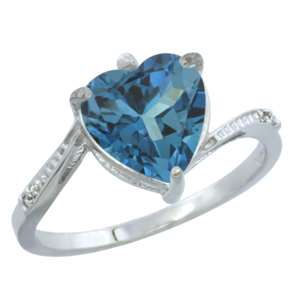 10K White Gold Natural London Blue Topaz Ring Heart 9x9mm Diamond Accent, sizes 5-10