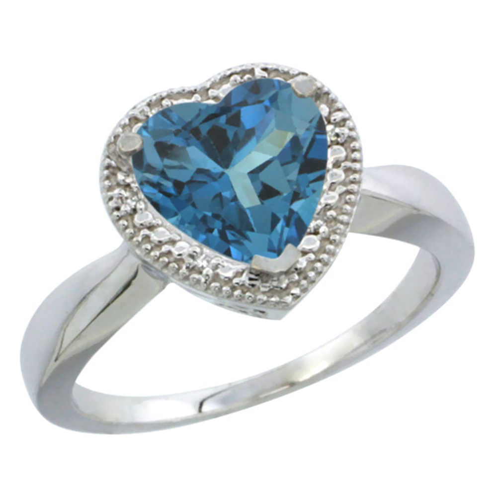 10K White Gold Natural London Blue Topaz Ring Heart 8x8mm Diamond Accent, sizes 5-10