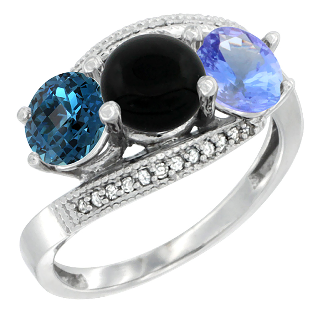 14K White Gold Natural London Blue Topaz, Black Onyx & Tanzanite 3 stone Ring Round 6mm Diamond Accent, sizes 5 - 10