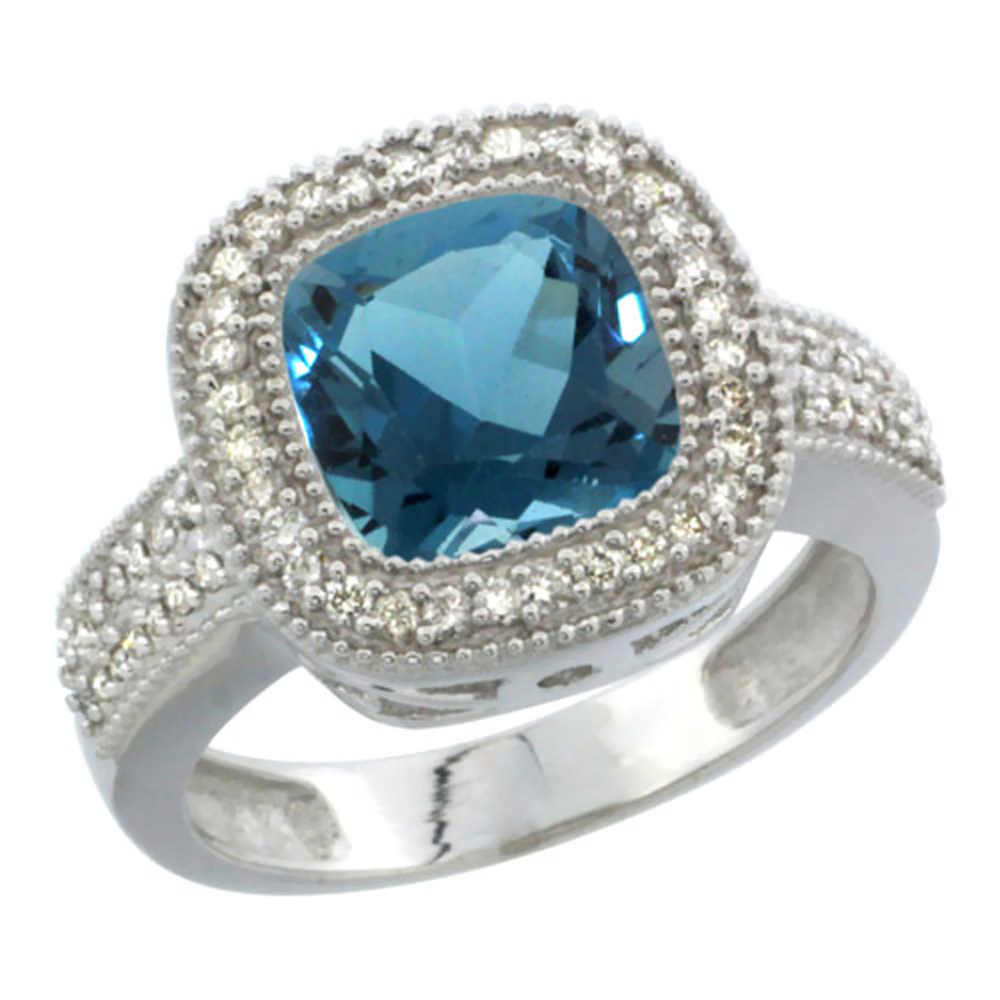 10K White Gold Natural London Blue Topaz Ring Cushion-cut 9x9mm Diamond Accent, sizes 5-10