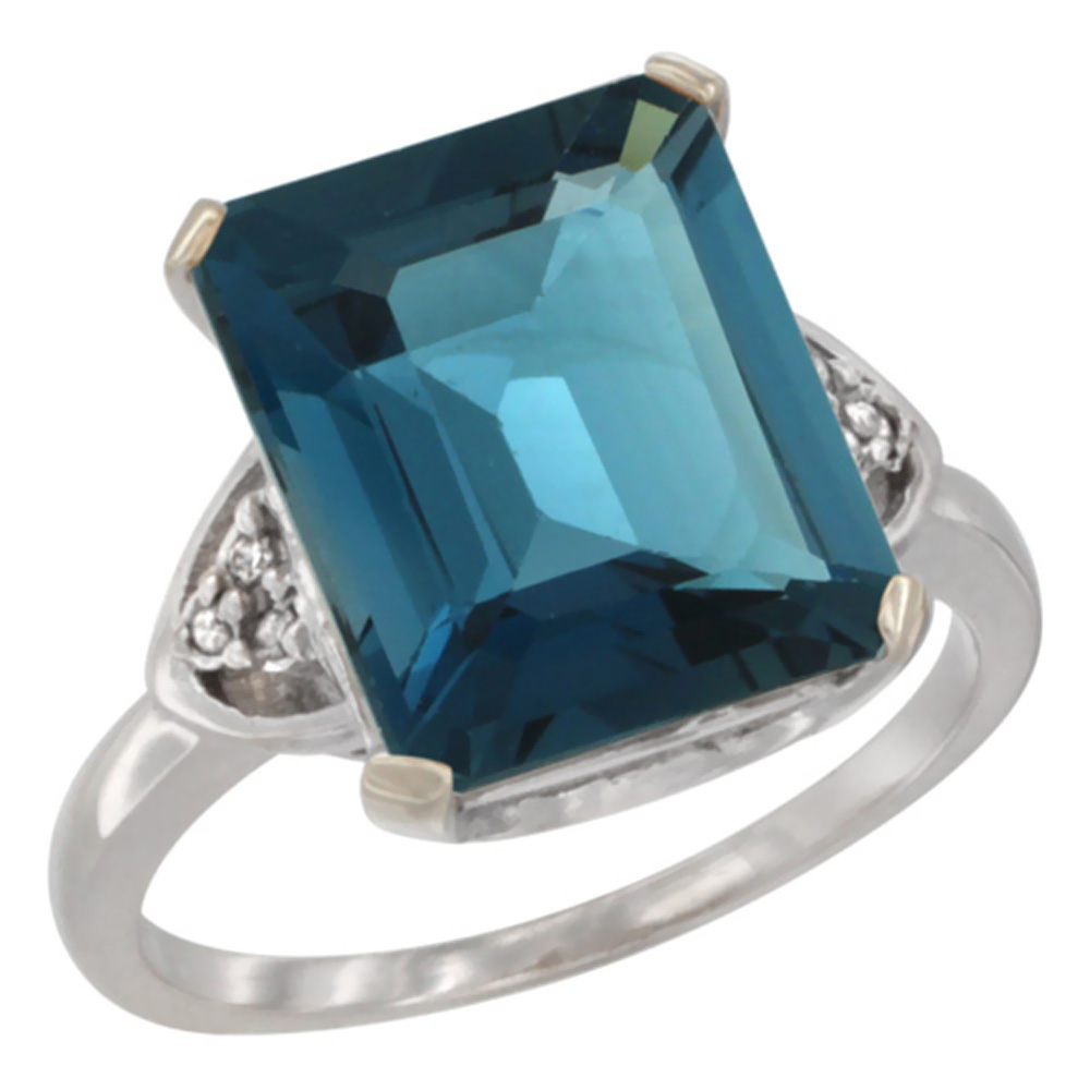 14K White Gold Diamond Natural London Blue Topaz Ring Octagon 12x10 mm, sizes 5-10