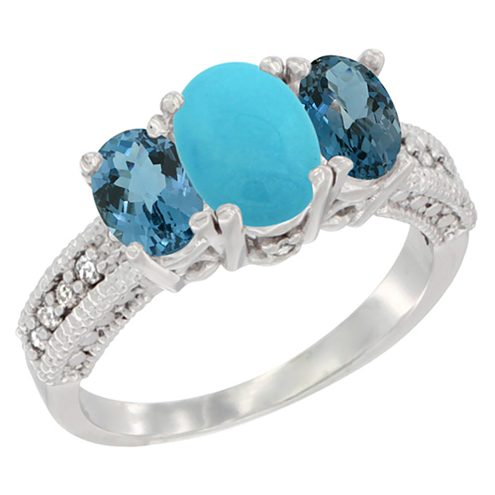 10K White Gold Diamond Natural Turquoise Ring Oval 3-stone with London Blue Topaz, sizes 5 - 10
