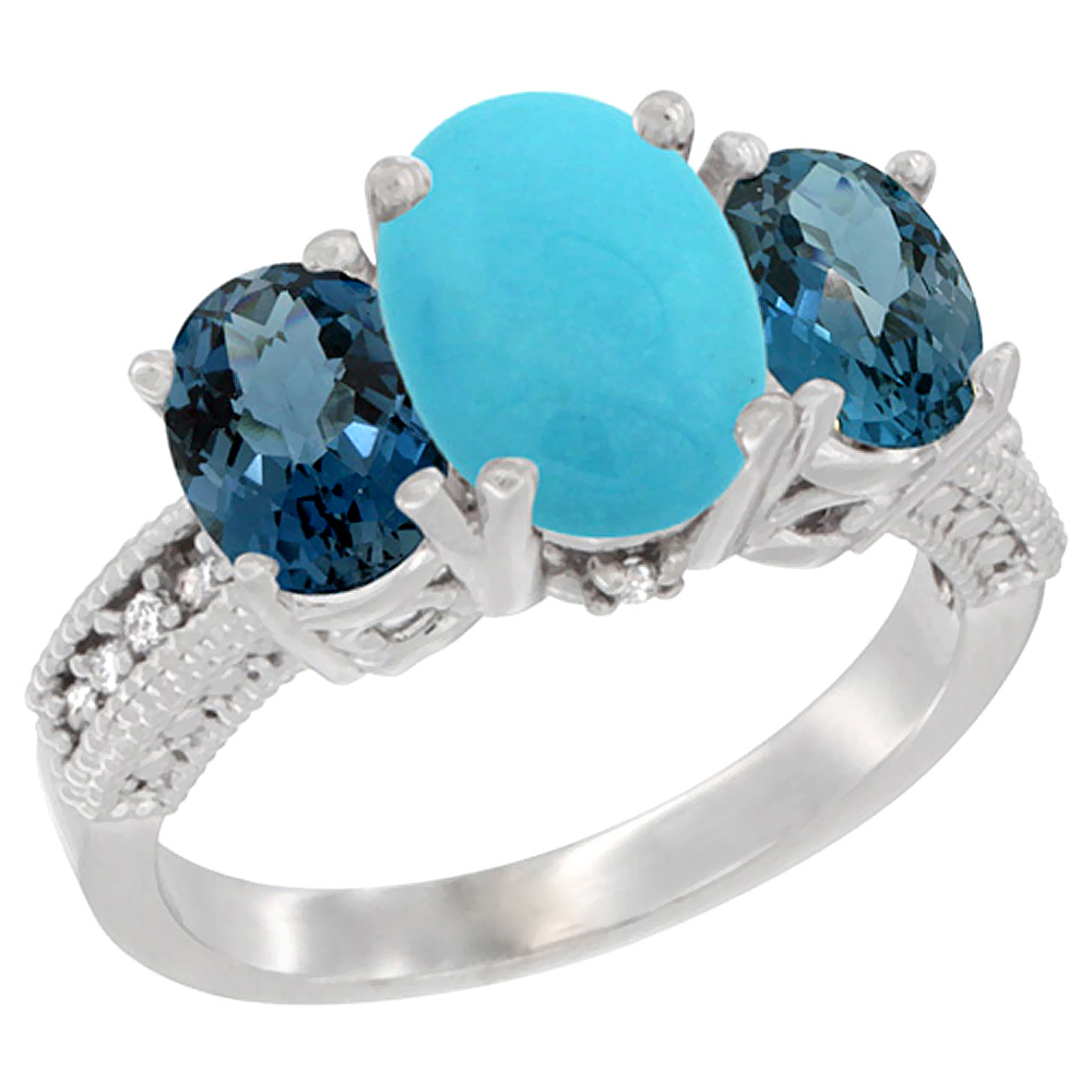 10K White Gold Diamond Natural Turquoise Ring 3-Stone Oval 8x6mm with London Blue Topaz, sizes5-10