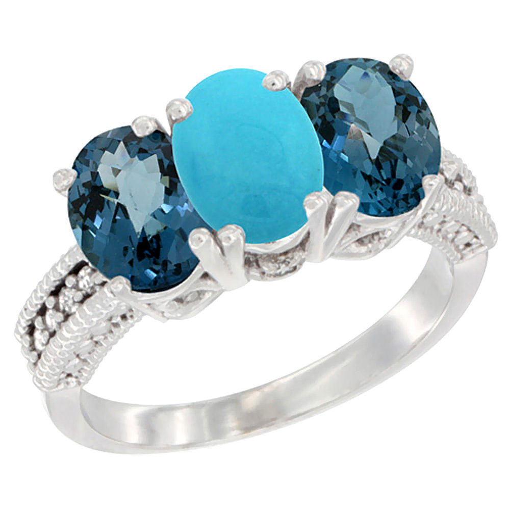 10K White Gold Natural Turquoise & London Blue Topaz Sides Ring 3-Stone Oval 7x5 mm Diamond Accent, sizes 5 - 10