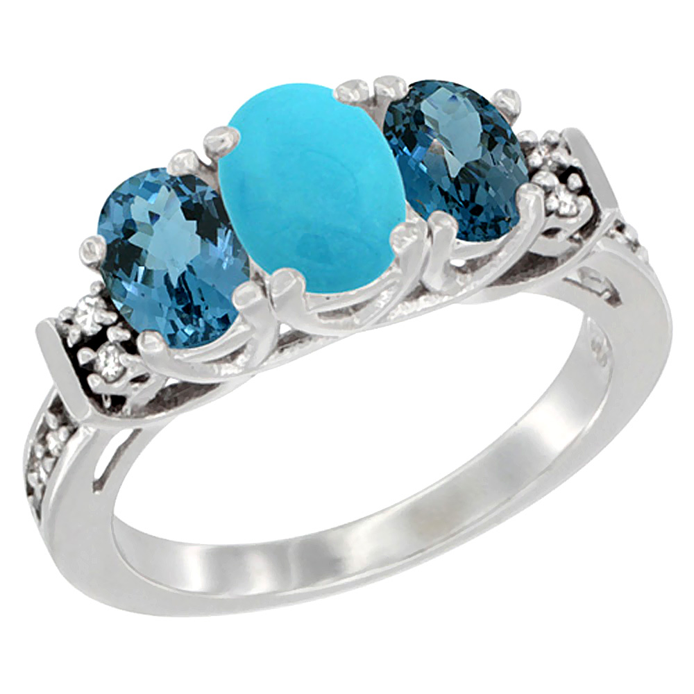 10K White Gold Natural Turquoise &amp; London Blue Ring 3-Stone Oval Diamond Accent, sizes 5-10