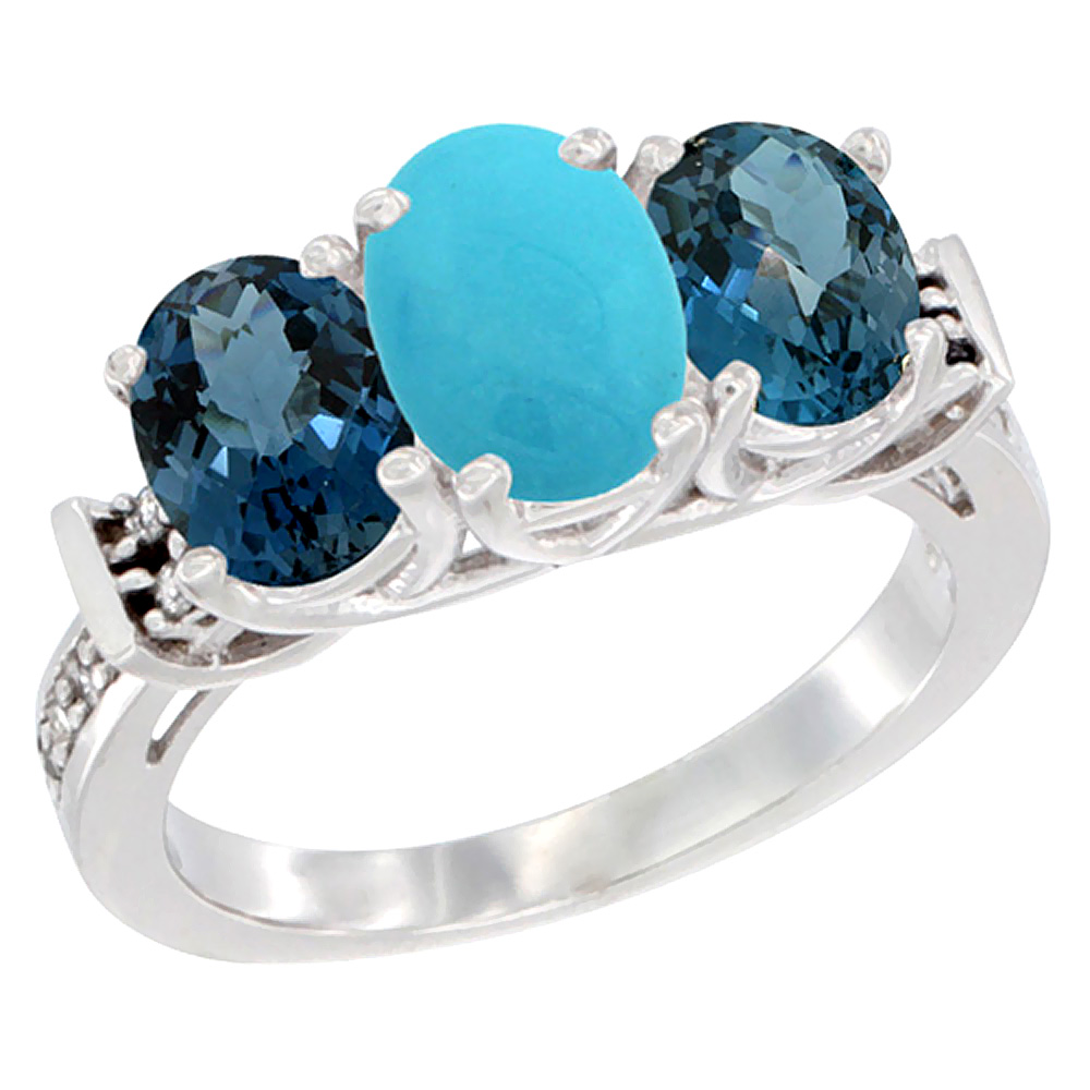 10K White Gold Natural Turquoise & London Blue Topaz Sides Ring 3-Stone Oval Diamond Accent, sizes 5 - 10