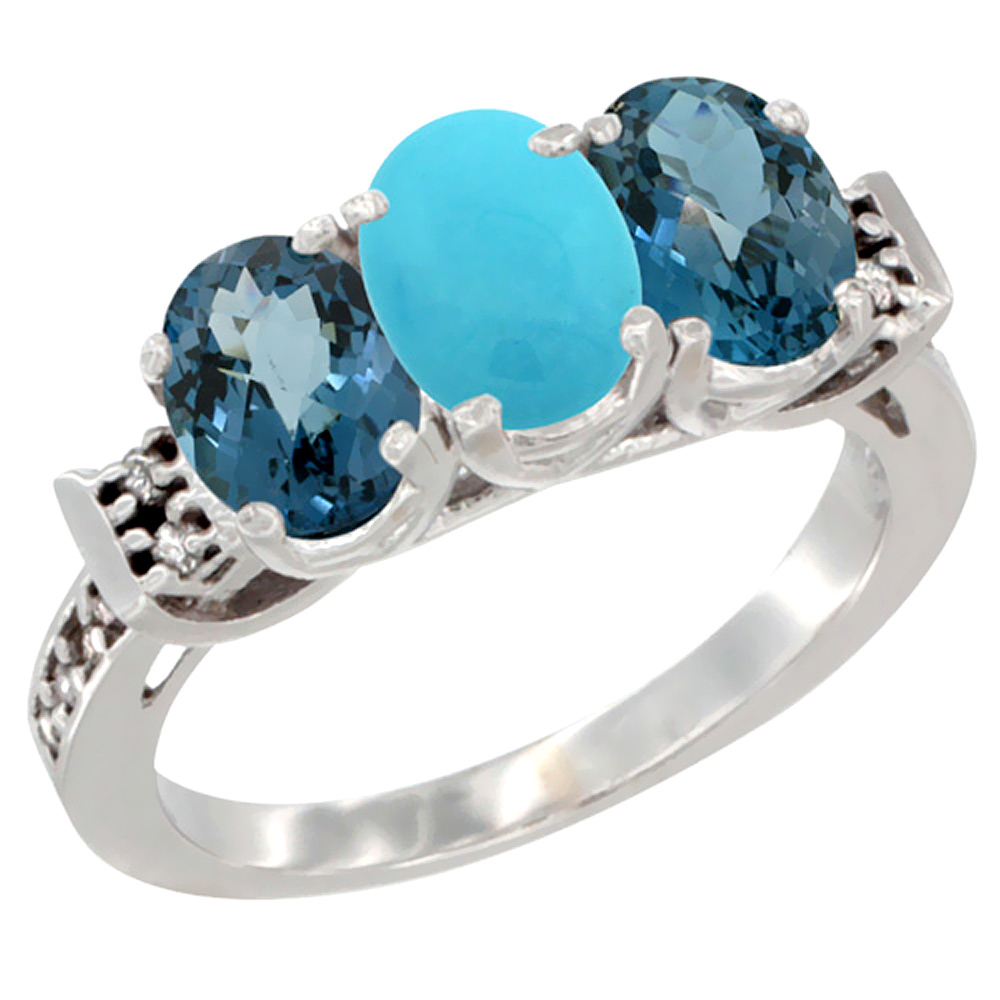 14K White Gold Natural Turquoise &amp; London Blue Topaz Sides Ring 3-Stone 7x5 mm Oval Diamond Accent, sizes 5 - 10