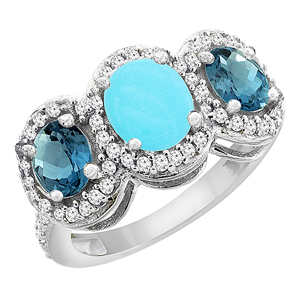 14K White Gold Natural Turquoise & London Blue Topaz 3-Stone Ring Oval Diamond Accent, sizes 5 - 10