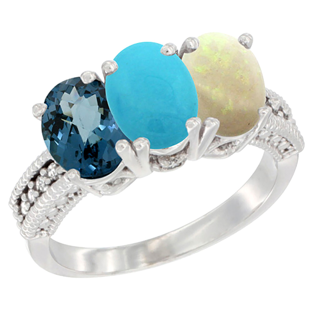 10K White Gold Natural London Blue Topaz, Turquoise & Opal Ring 3-Stone Oval 7x5 mm Diamond Accent, sizes 5 - 10