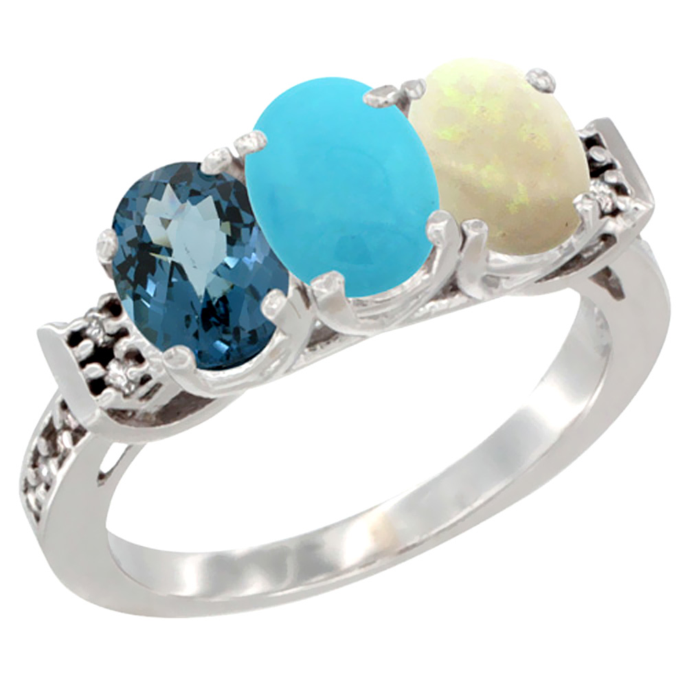 14K White Gold Natural London Blue Topaz, Turquoise & Opal Ring 3-Stone 7x5 mm Oval Diamond Accent, sizes 5 - 10