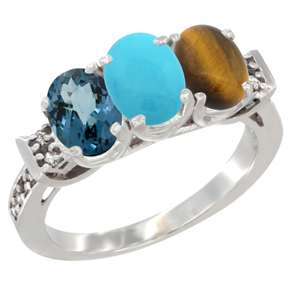 10K White Gold Natural London Blue Topaz, Turquoise & Tiger Eye Ring 3-Stone Oval 7x5 mm Diamond Accent, sizes 5 - 10