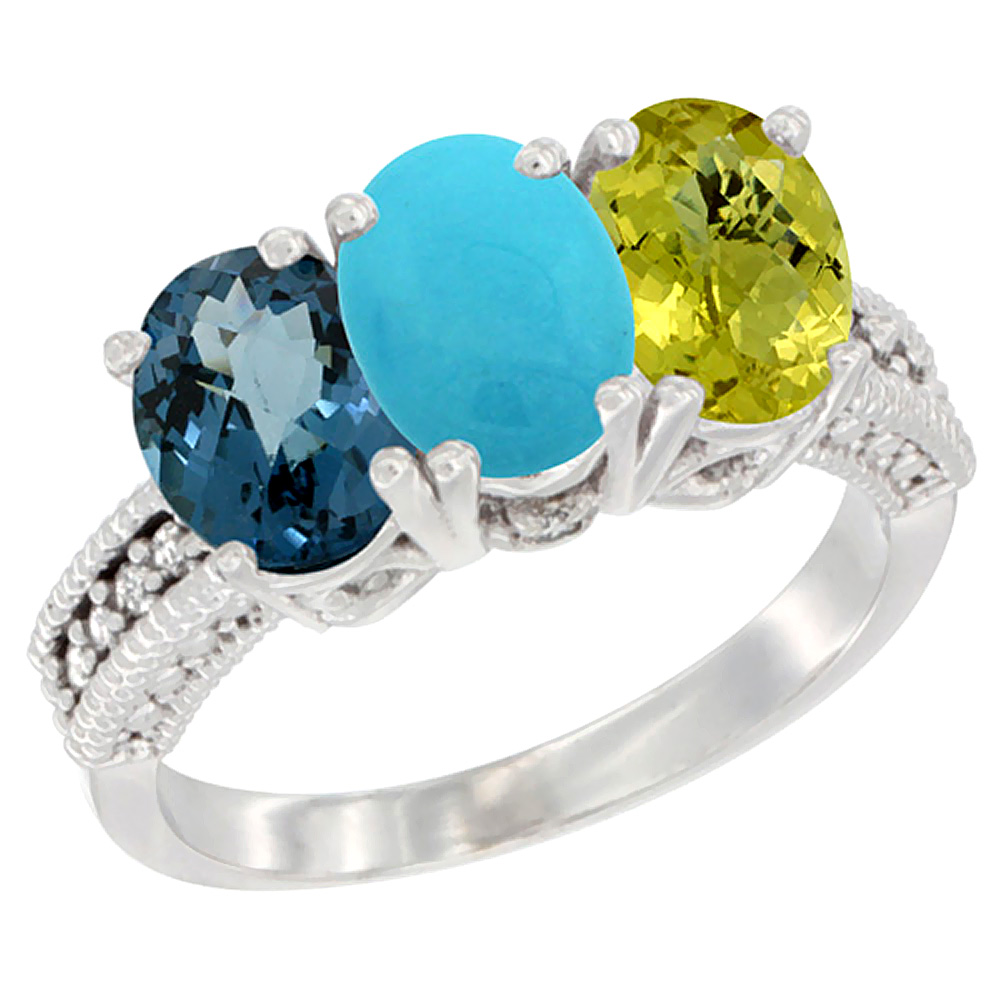 10K White Gold Natural London Blue Topaz, Turquoise & Lemon Quartz Ring 3-Stone Oval 7x5 mm Diamond Accent, sizes 5 - 10