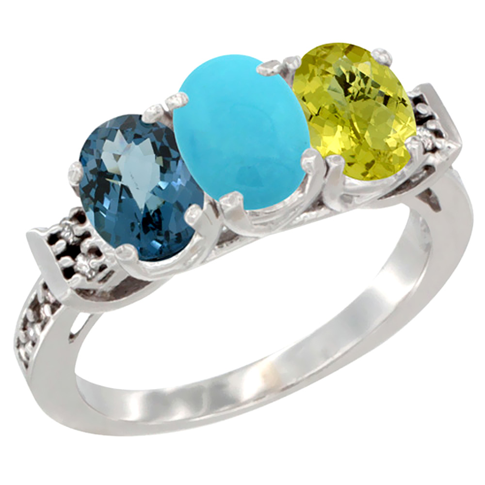 14K White Gold Natural London Blue Topaz, Turquoise & Lemon Quartz Ring 3-Stone 7x5 mm Oval Diamond Accent, sizes 5 - 10