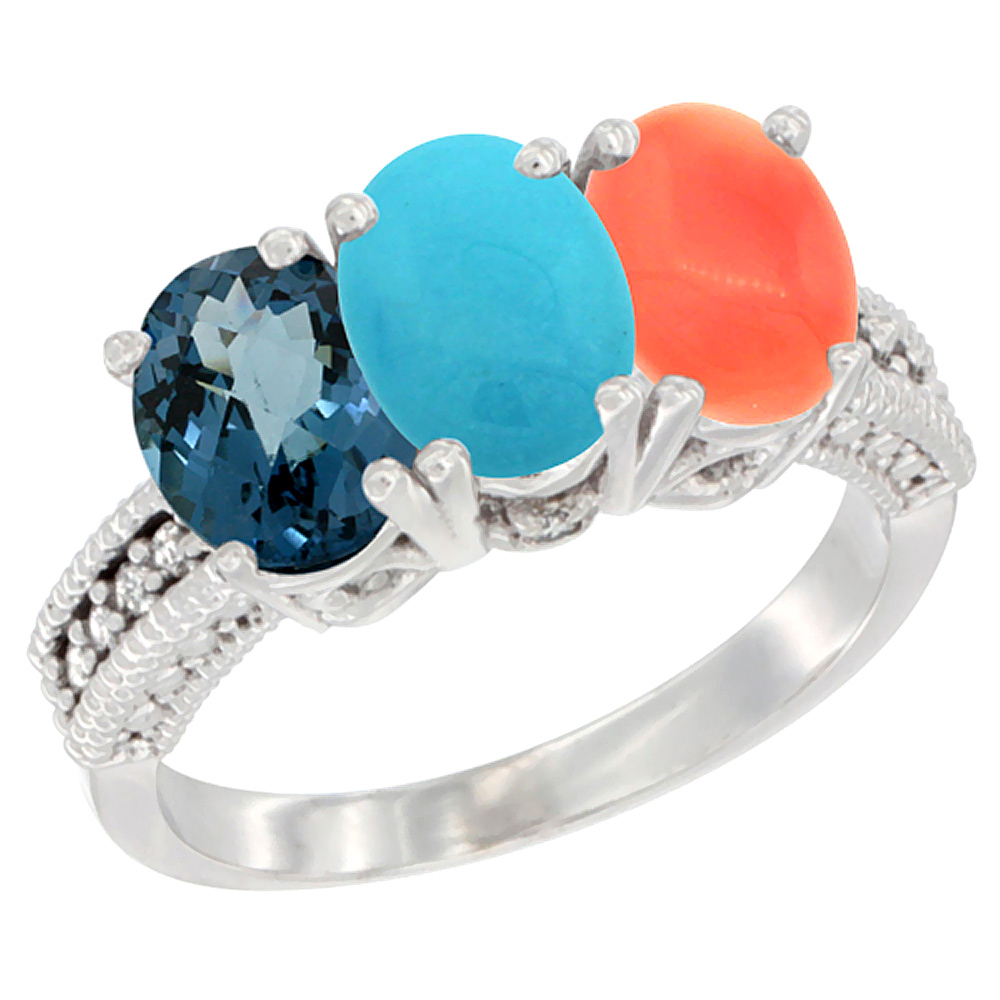 14K White Gold Natural London Blue Topaz, Turquoise & Coral Ring 3-Stone 7x5 mm Oval Diamond Accent, sizes 5 - 10