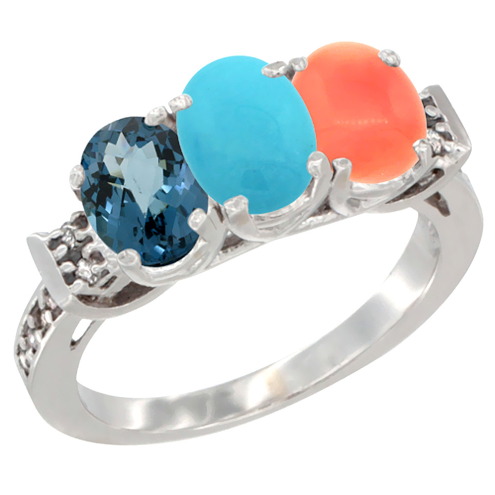 10K White Gold Natural London Blue Topaz, Turquoise & Coral Ring 3-Stone Oval 7x5 mm Diamond Accent, sizes 5 - 10