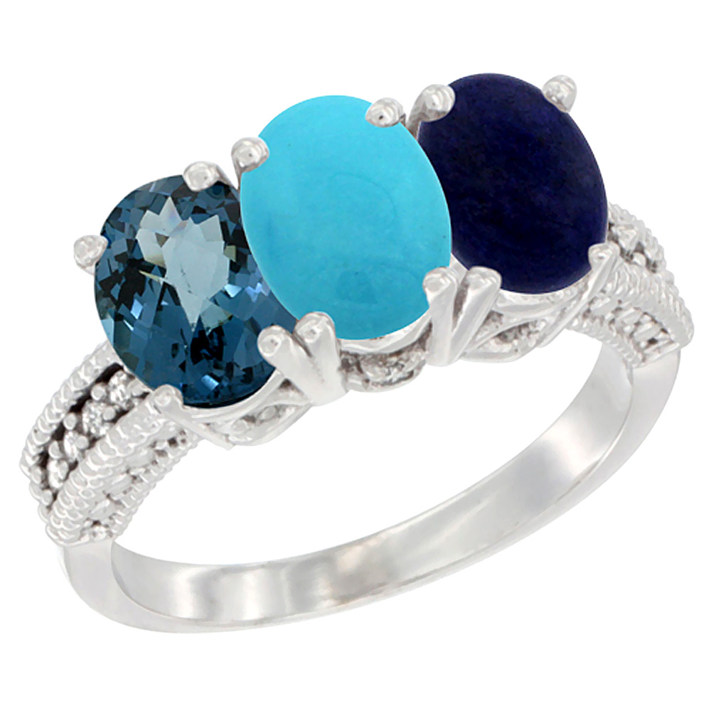 14K White Gold Natural London Blue Topaz, Turquoise &amp; Lapis Ring 3-Stone 7x5 mm Oval Diamond Accent, sizes 5 - 10