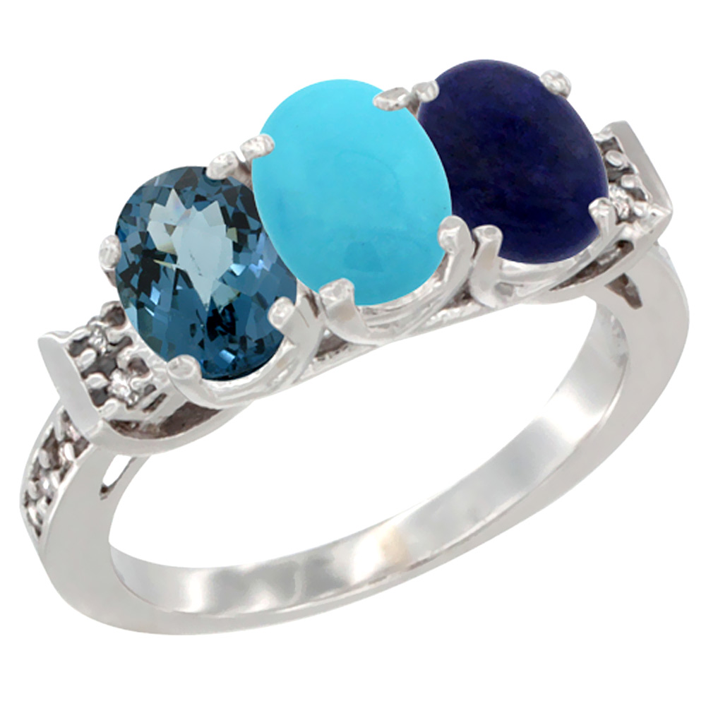 10K White Gold Natural London Blue Topaz, Turquoise &amp; Lapis Ring 3-Stone Oval 7x5 mm Diamond Accent, sizes 5 - 10