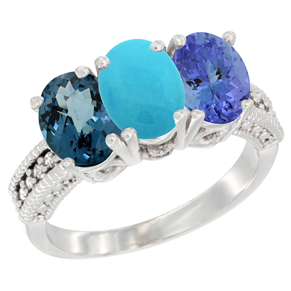 10K White Gold Natural London Blue Topaz, Turquoise &amp; Tanzanite Ring 3-Stone Oval 7x5 mm Diamond Accent, sizes 5 - 10