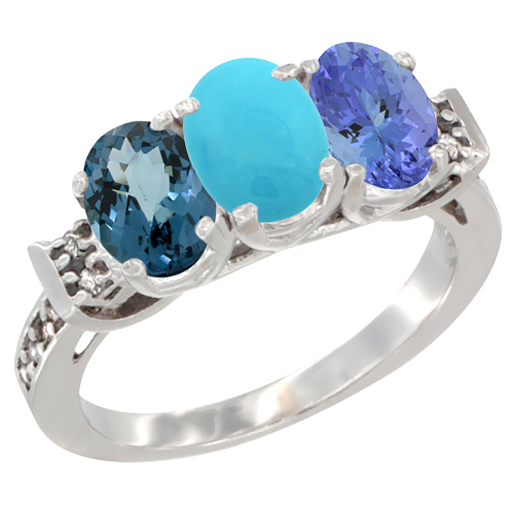 14K White Gold Natural London Blue Topaz, Turquoise &amp; Tanzanite Ring 3-Stone 7x5 mm Oval Diamond Accent, sizes 5 - 10